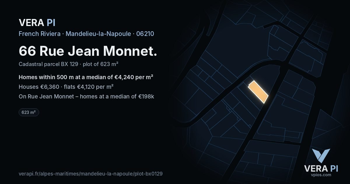 66 Rue Jean Monnet, Mandelieu-la-Napoule at night – the plot lit, the parcels around coloured by the prices near them
