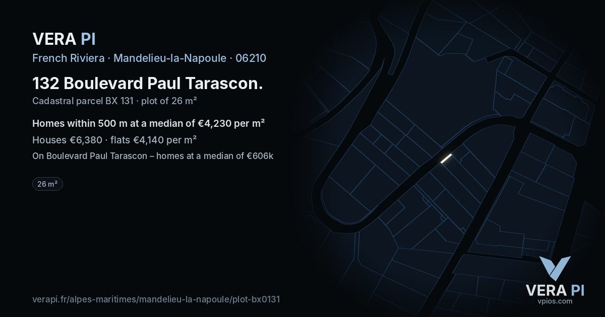132 Boulevard Paul Tarascon, Mandelieu-la-Napoule at night – the plot lit, the parcels around coloured by the prices near them