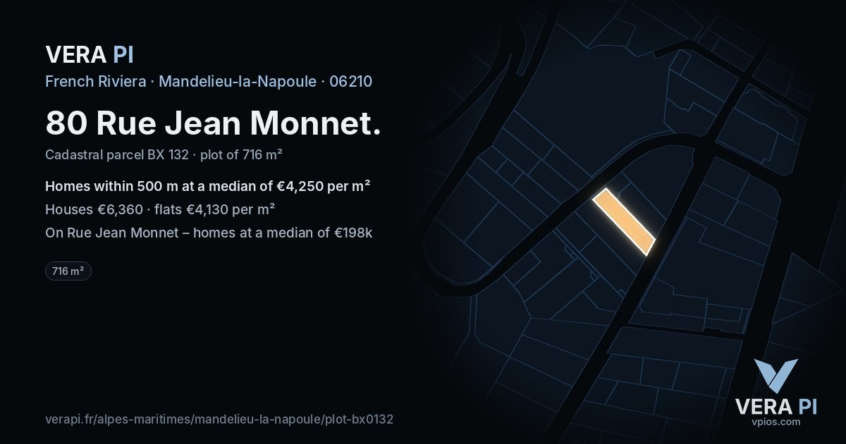 80 Rue Jean Monnet, Mandelieu-la-Napoule at night – the plot lit, the parcels around coloured by the prices near them