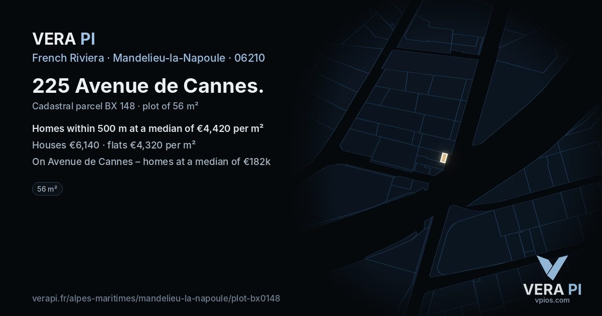225 Avenue de Cannes, Mandelieu-la-Napoule at night – the plot lit, the parcels around coloured by the prices near them
