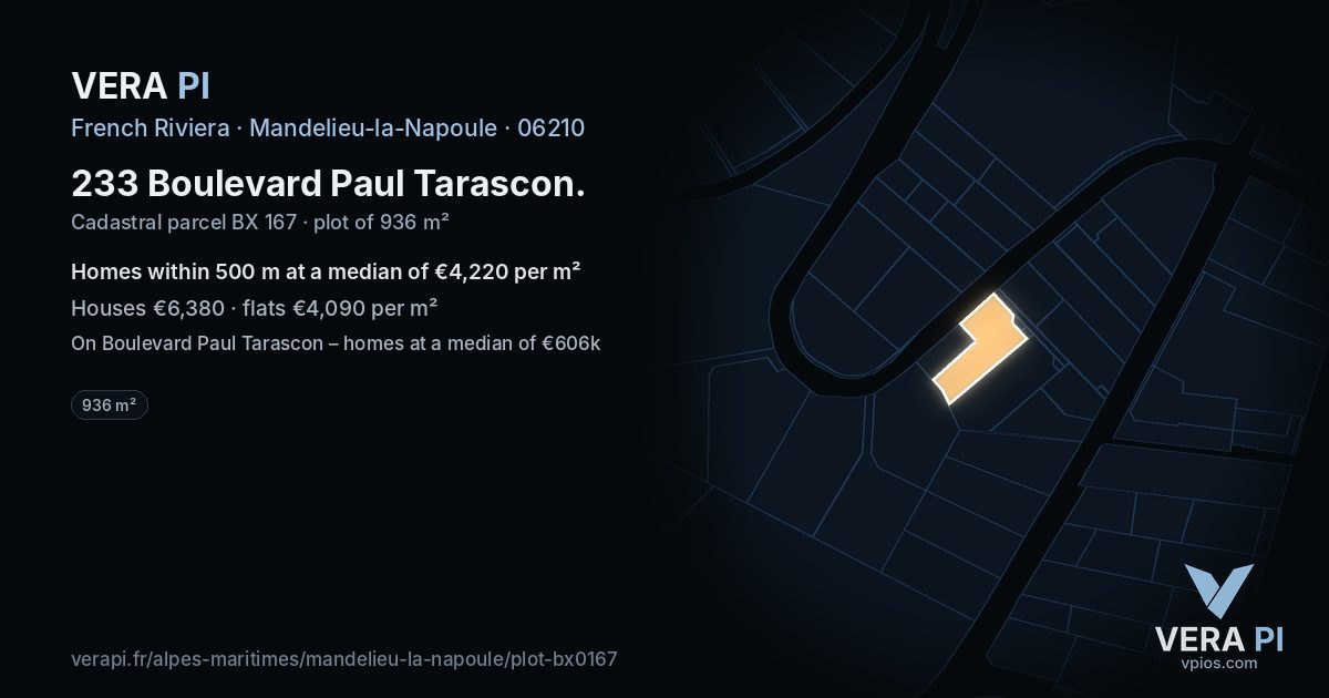 233 Boulevard Paul Tarascon, Mandelieu-la-Napoule at night – the plot lit, the parcels around coloured by the prices near them