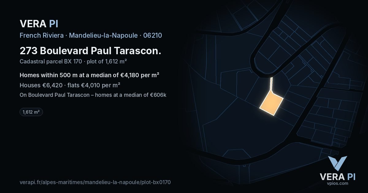 273 Boulevard Paul Tarascon, Mandelieu-la-Napoule at night – the plot lit, the parcels around coloured by the prices near them