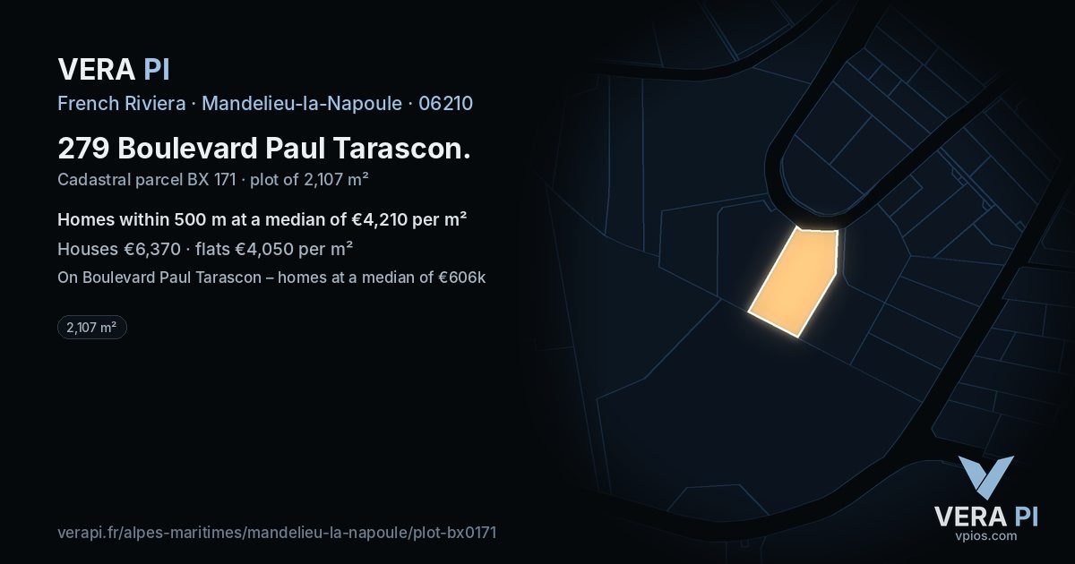 279 Boulevard Paul Tarascon, Mandelieu-la-Napoule at night – the plot lit, the parcels around coloured by the prices near them