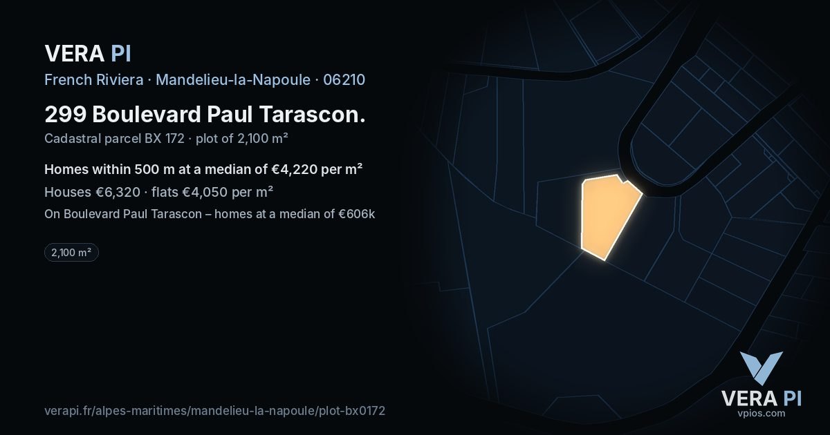 299 Boulevard Paul Tarascon, Mandelieu-la-Napoule at night – the plot lit, the parcels around coloured by the prices near them
