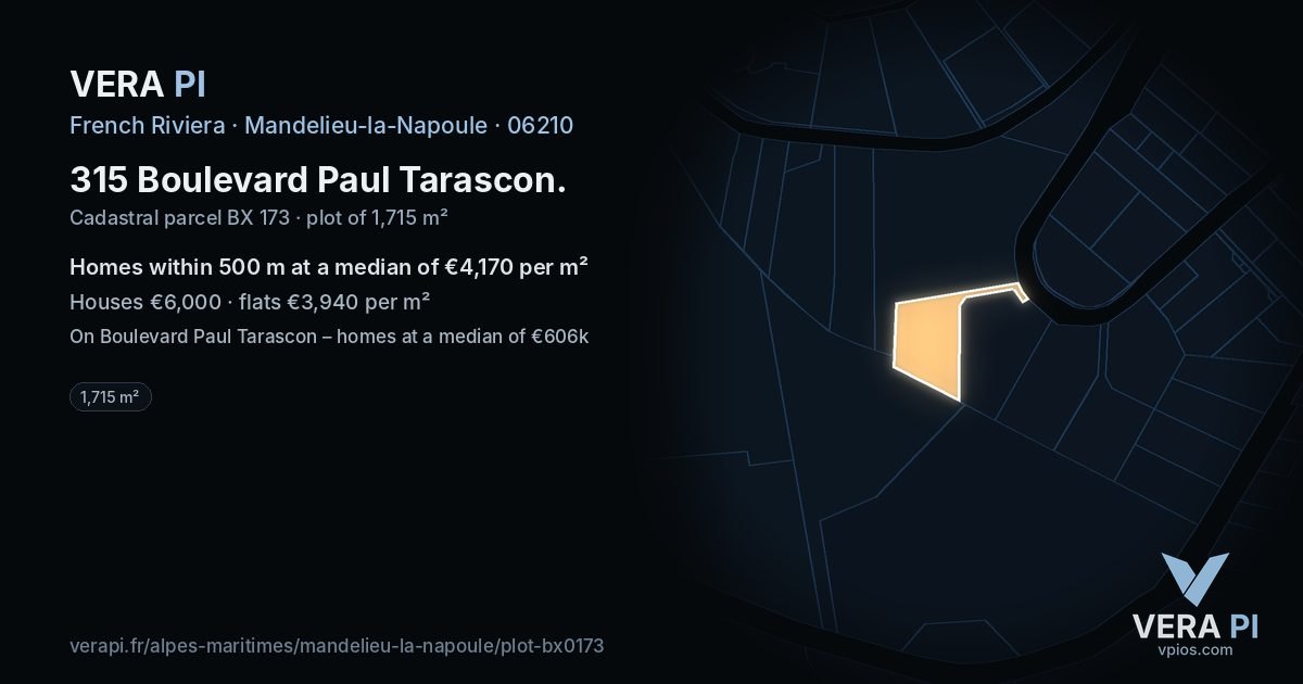 315 Boulevard Paul Tarascon, Mandelieu-la-Napoule at night – the plot lit, the parcels around coloured by the prices near them