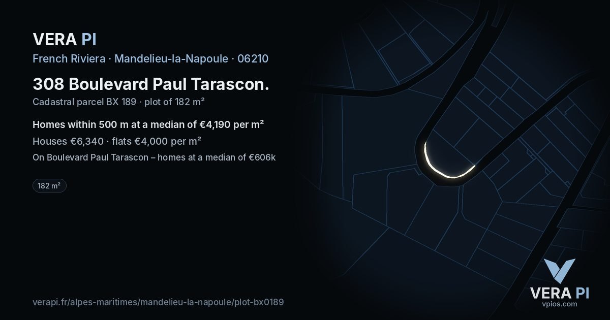308 Boulevard Paul Tarascon, Mandelieu-la-Napoule at night – the plot lit, the parcels around coloured by the prices near them