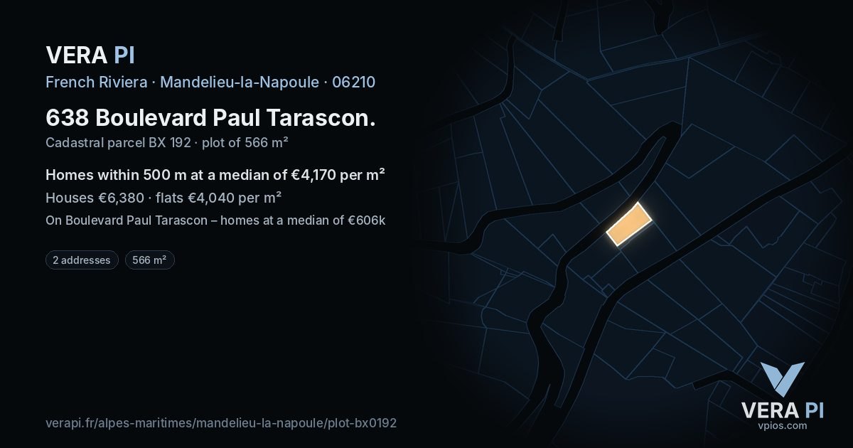 638 Boulevard Paul Tarascon, Mandelieu-la-Napoule at night – the plot lit, the parcels around coloured by the prices near them