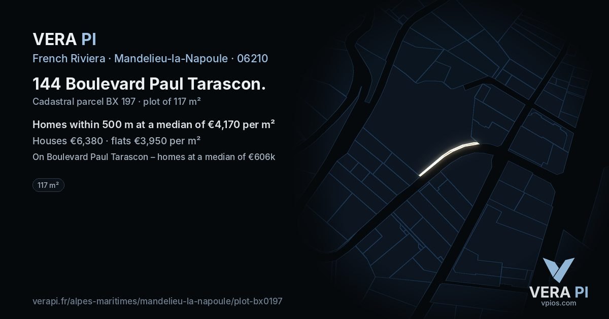 144 Boulevard Paul Tarascon, Mandelieu-la-Napoule at night – the plot lit, the parcels around coloured by the prices near them