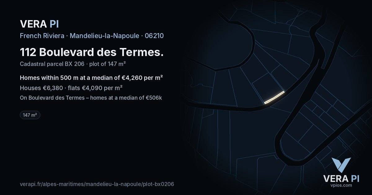 112 Boulevard des Termes, Mandelieu-la-Napoule at night – the plot lit, the parcels around coloured by the prices near them