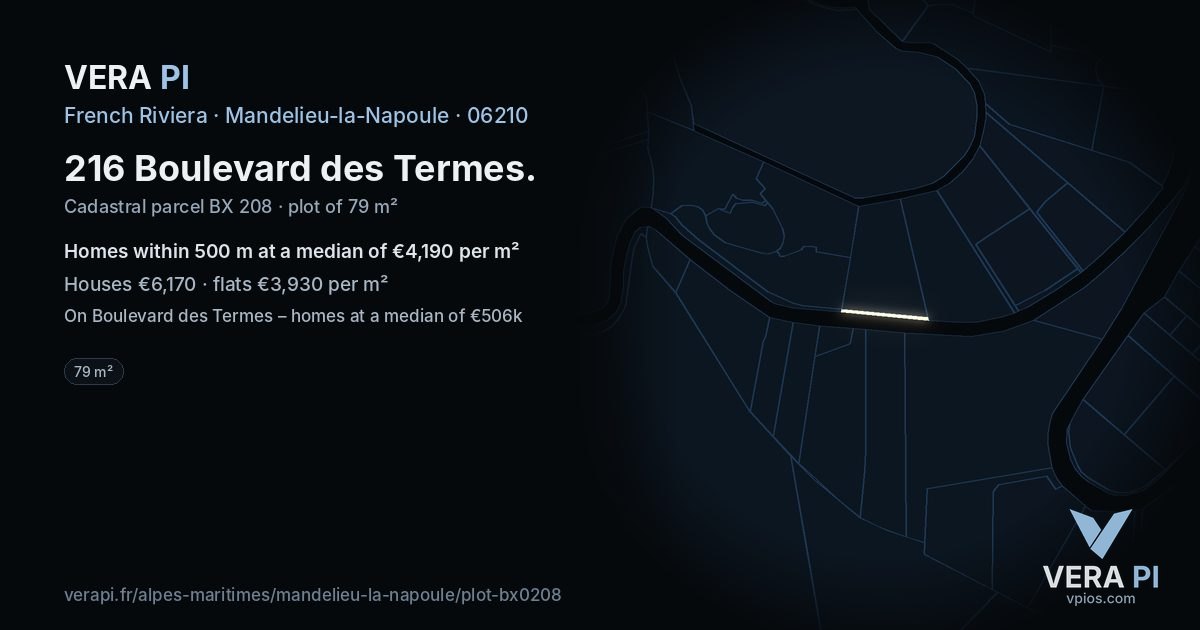 216 Boulevard des Termes, Mandelieu-la-Napoule at night – the plot lit, the parcels around coloured by the prices near them