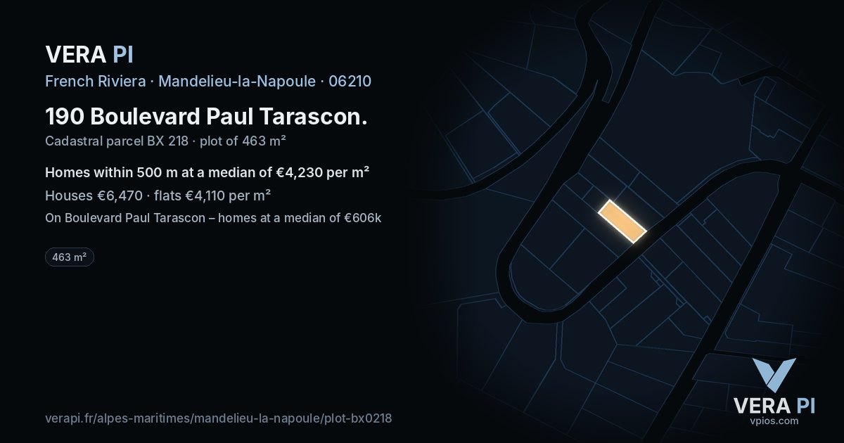 190 Boulevard Paul Tarascon, Mandelieu-la-Napoule at night – the plot lit, the parcels around coloured by the prices near them