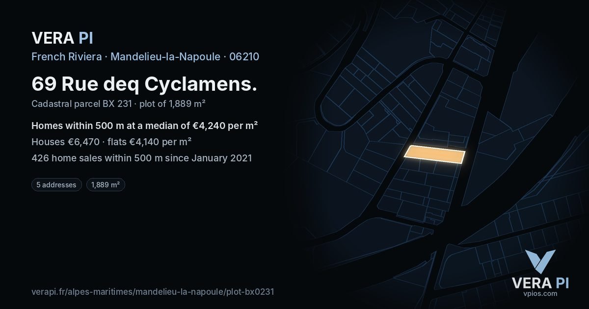 69 Rue deq Cyclamens, Mandelieu-la-Napoule at night – the plot lit, the parcels around coloured by the prices near them