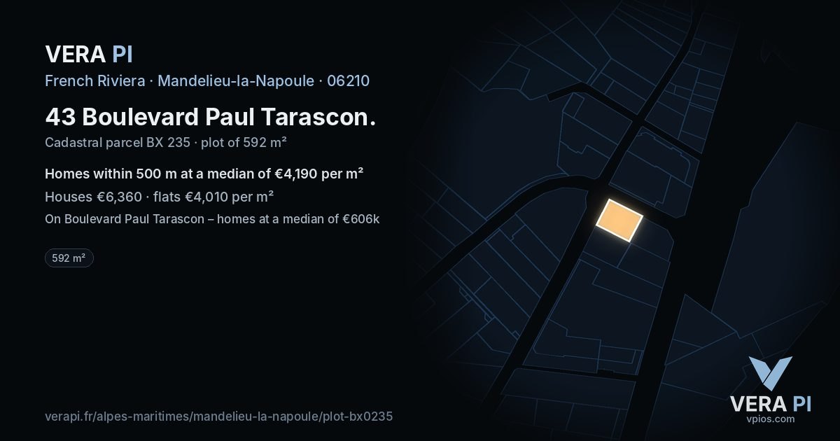 43 Boulevard Paul Tarascon, Mandelieu-la-Napoule at night – the plot lit, the parcels around coloured by the prices near them