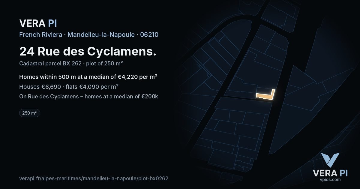 24 Rue des Cyclamens, Mandelieu-la-Napoule at night – the plot lit, the parcels around coloured by the prices near them