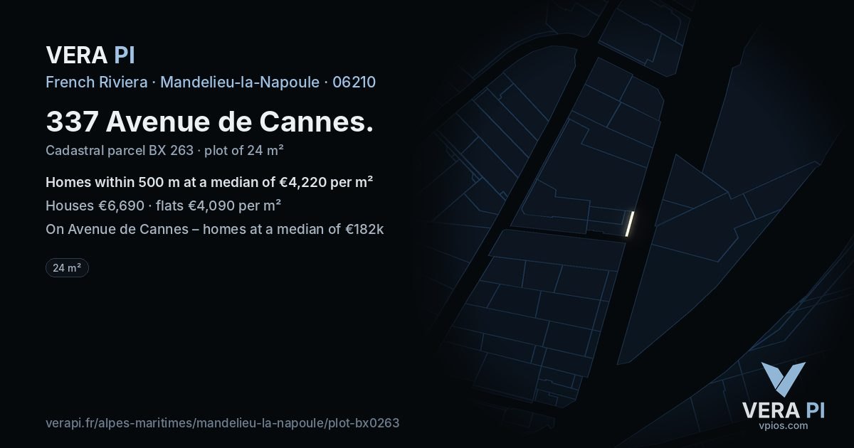 337 Avenue de Cannes, Mandelieu-la-Napoule at night – the plot lit, the parcels around coloured by the prices near them