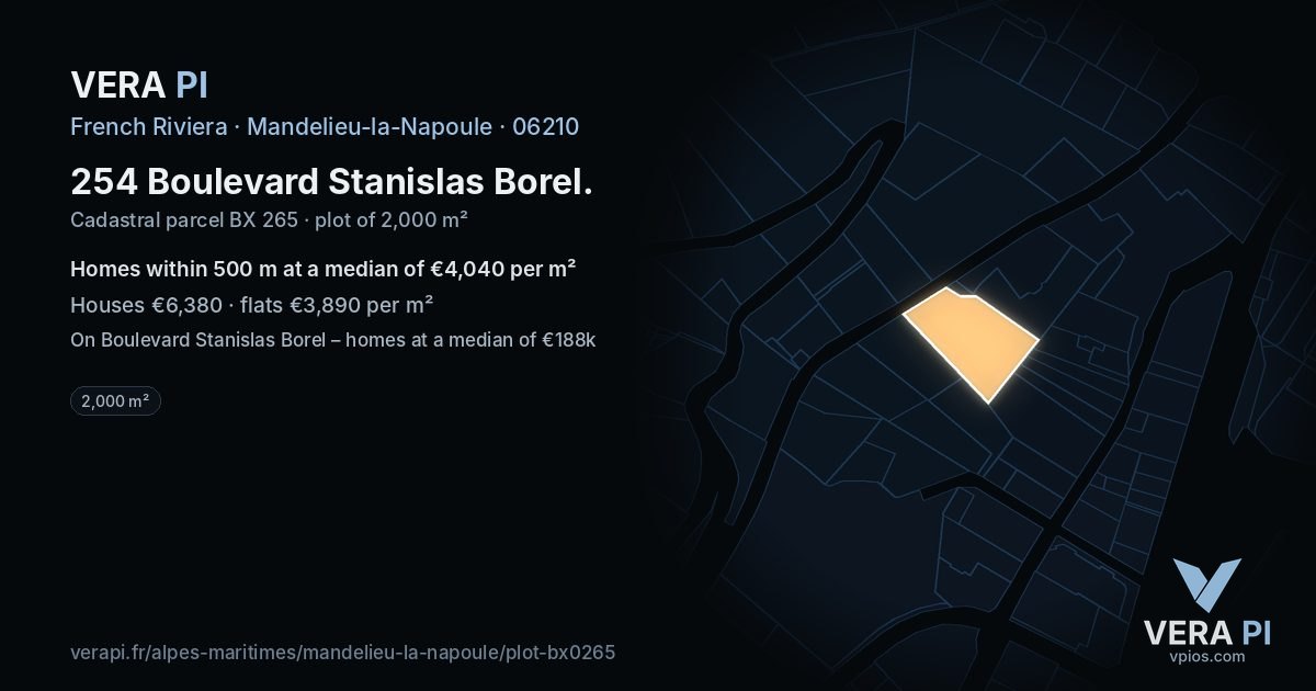 254 Boulevard Stanislas Borel, Mandelieu-la-Napoule at night – the plot lit, the parcels around coloured by the prices near them