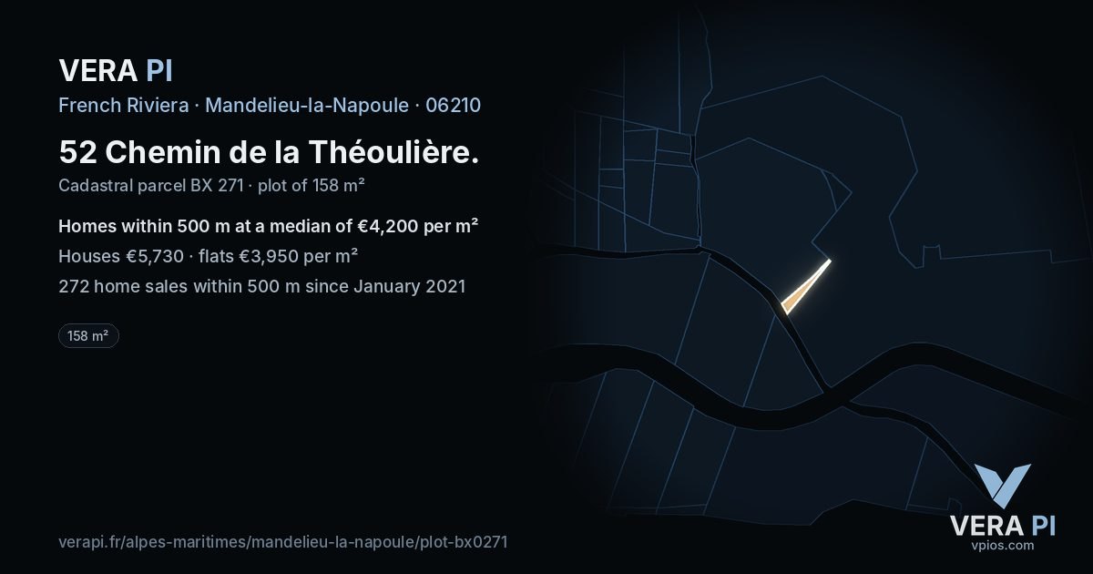 52 Chemin de la Théoulière, Mandelieu-la-Napoule at night – the plot lit, the parcels around coloured by the prices near them