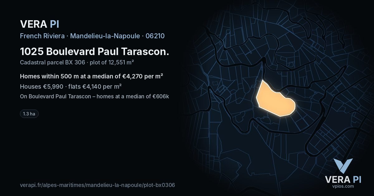 1025 Boulevard Paul Tarascon, Mandelieu-la-Napoule at night – the plot lit, the parcels around coloured by the prices near them