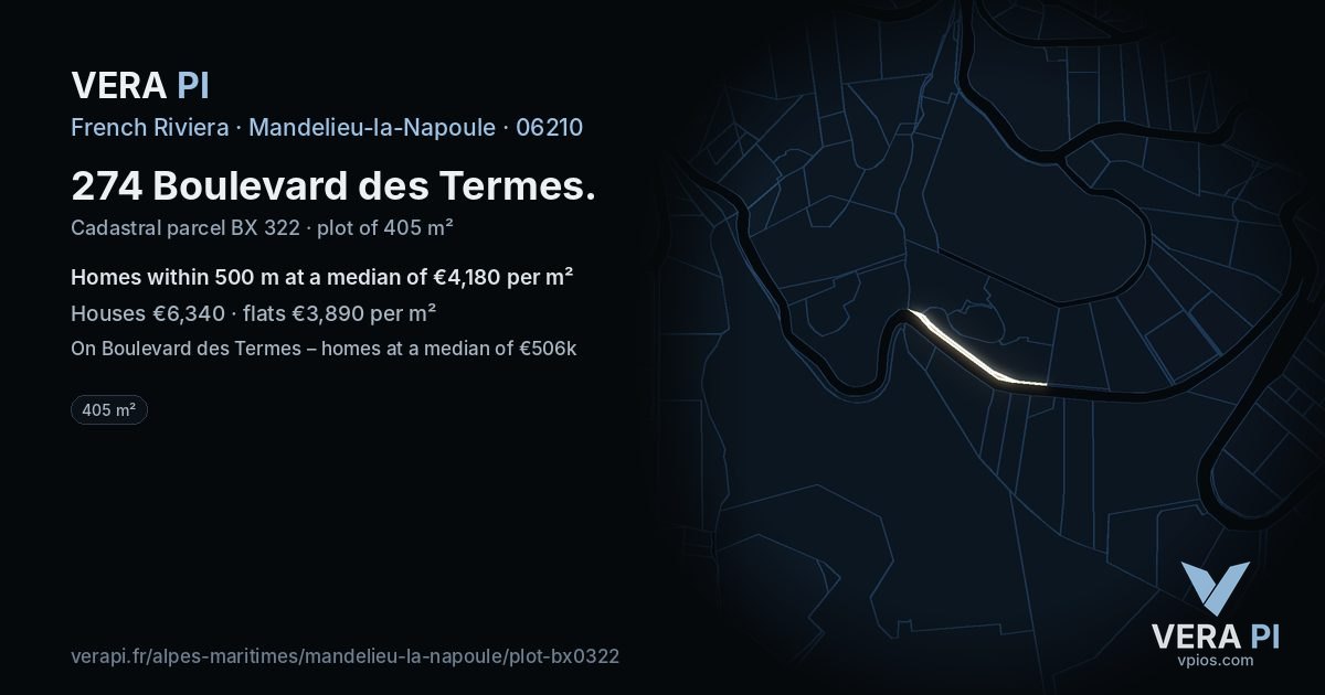274 Boulevard des Termes, Mandelieu-la-Napoule at night – the plot lit, the parcels around coloured by the prices near them
