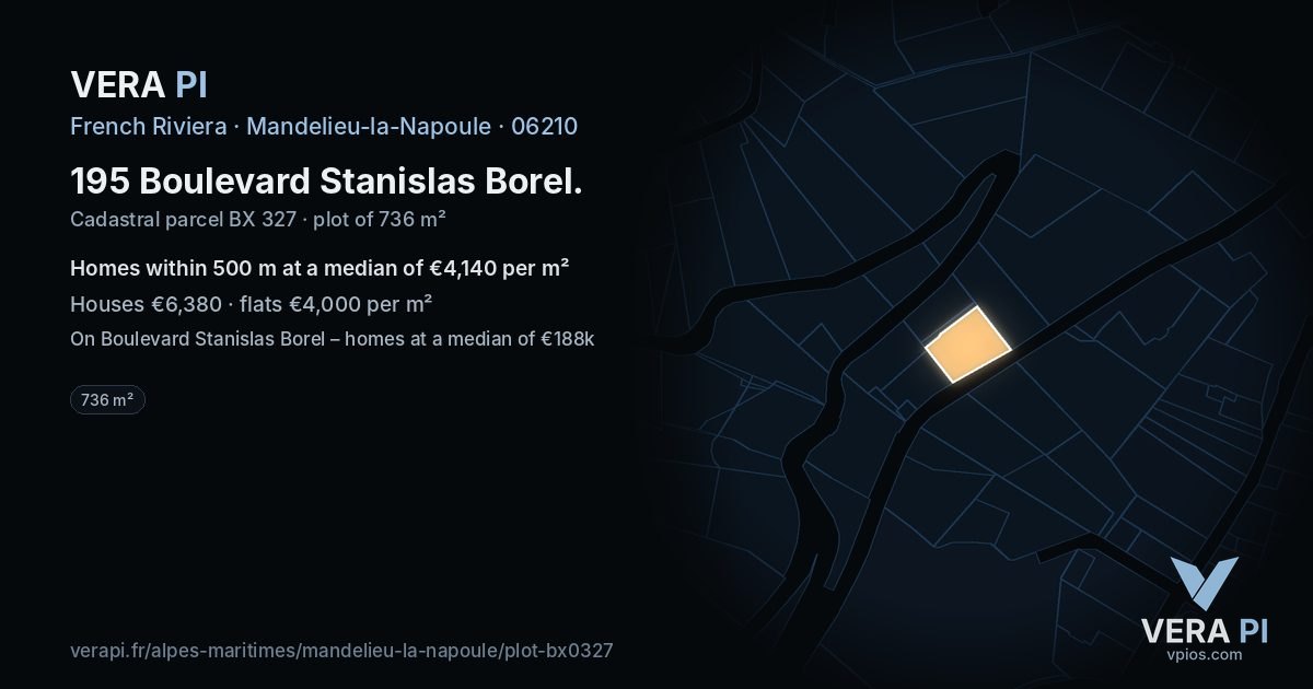 195 Boulevard Stanislas Borel, Mandelieu-la-Napoule at night – the plot lit, the parcels around coloured by the prices near them