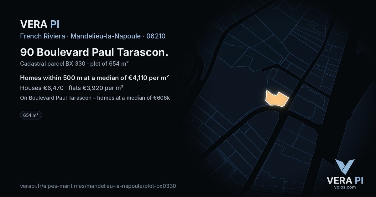 90 Boulevard Paul Tarascon, Mandelieu-la-Napoule at night – the plot lit, the parcels around coloured by the prices near them