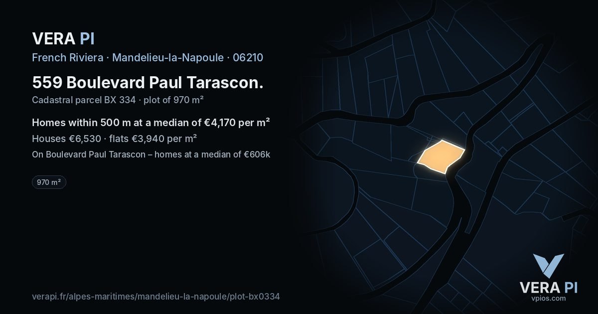 559 Boulevard Paul Tarascon, Mandelieu-la-Napoule at night – the plot lit, the parcels around coloured by the prices near them