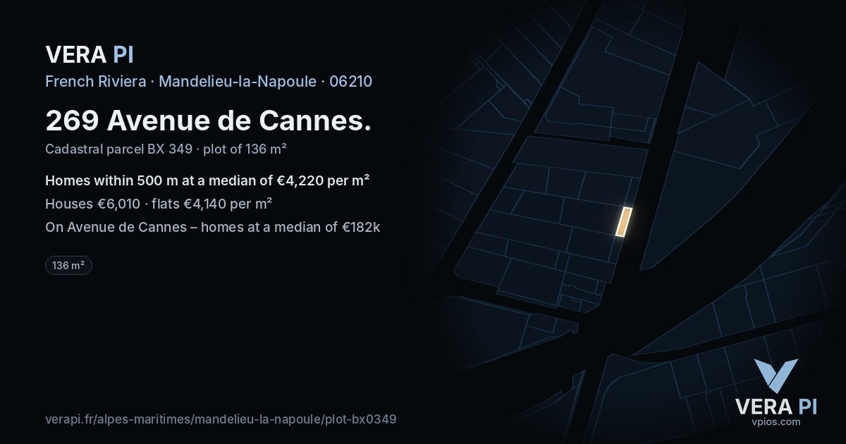 269 Avenue de Cannes, Mandelieu-la-Napoule at night – the plot lit, the parcels around coloured by the prices near them