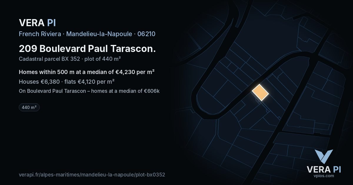 209 Boulevard Paul Tarascon, Mandelieu-la-Napoule at night – the plot lit, the parcels around coloured by the prices near them