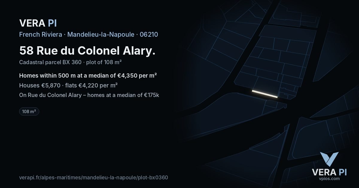 58 Rue du Colonel Alary, Mandelieu-la-Napoule at night – the plot lit, the parcels around coloured by the prices near them