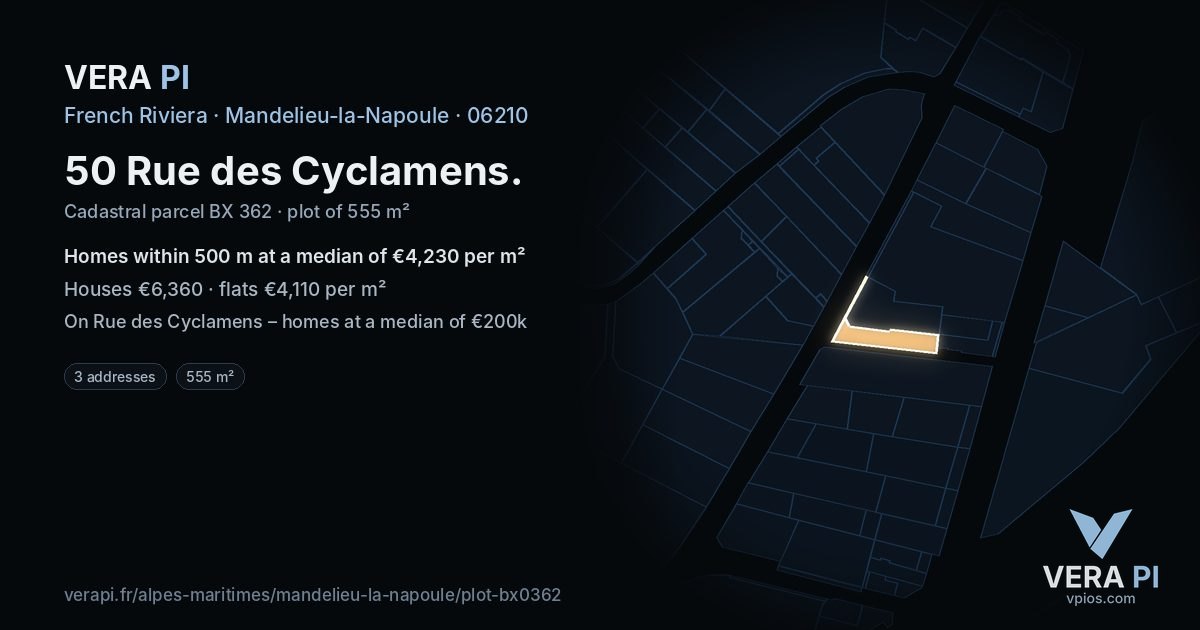 50 Rue des Cyclamens, Mandelieu-la-Napoule at night – the plot lit, the parcels around coloured by the prices near them