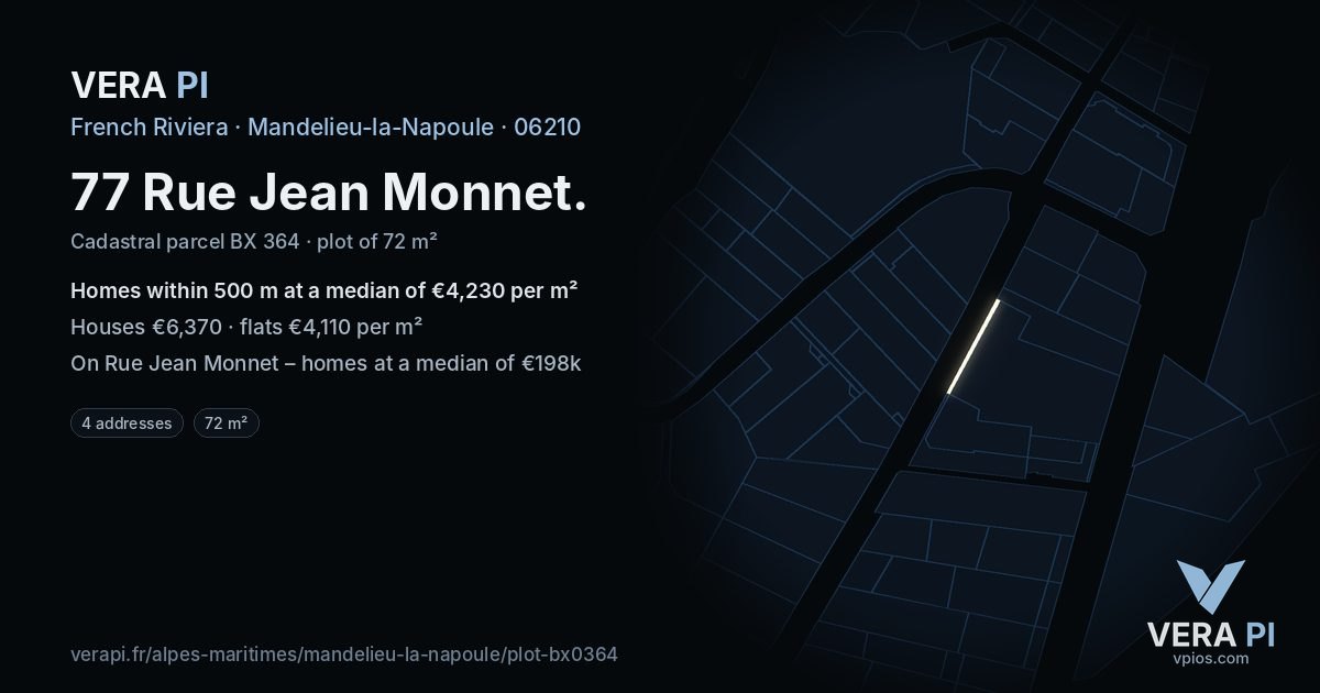 77 Rue Jean Monnet, Mandelieu-la-Napoule at night – the plot lit, the parcels around coloured by the prices near them