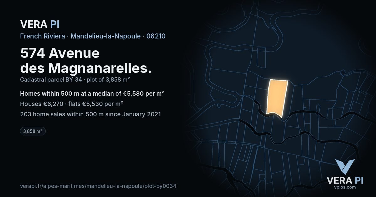 574 Avenue des Magnanarelles, Mandelieu-la-Napoule at night – the plot lit, the parcels around coloured by the prices near them