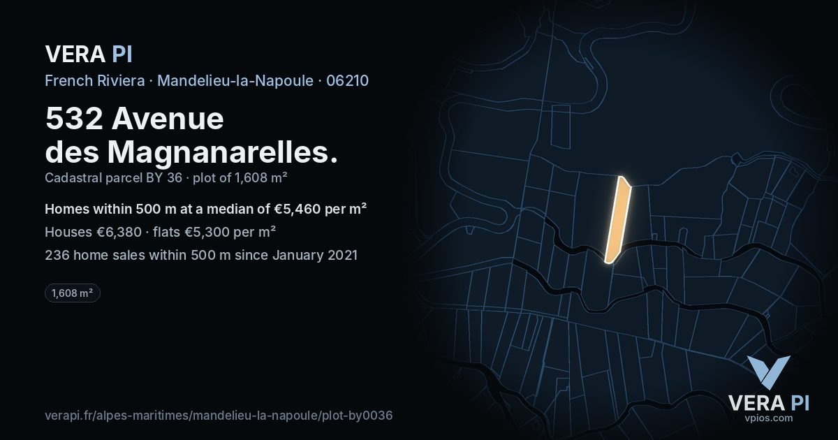 532 Avenue des Magnanarelles, Mandelieu-la-Napoule at night – the plot lit, the parcels around coloured by the prices near them