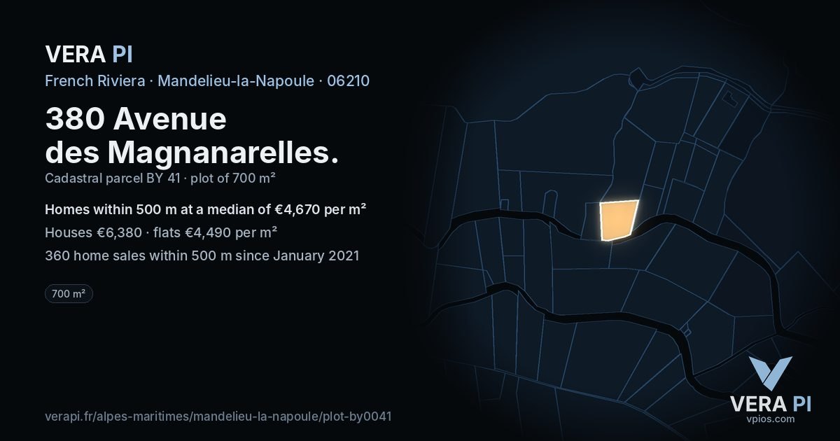 380 Avenue des Magnanarelles, Mandelieu-la-Napoule at night – the plot lit, the parcels around coloured by the prices near them