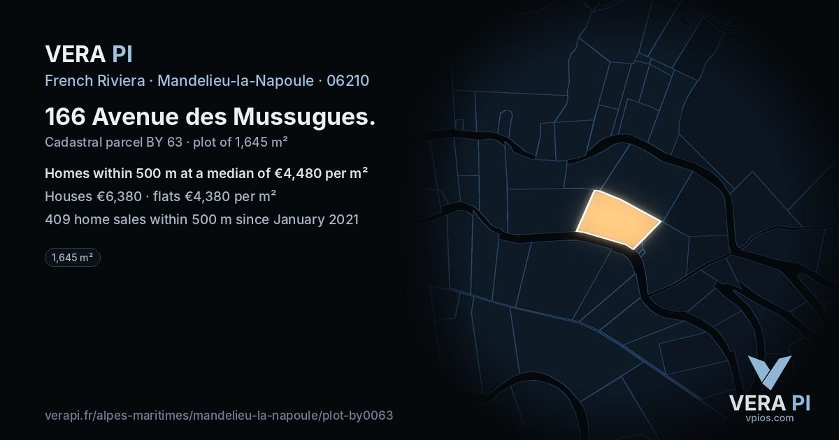 166 Avenue des Mussugues, Mandelieu-la-Napoule at night – the plot lit, the parcels around coloured by the prices near them