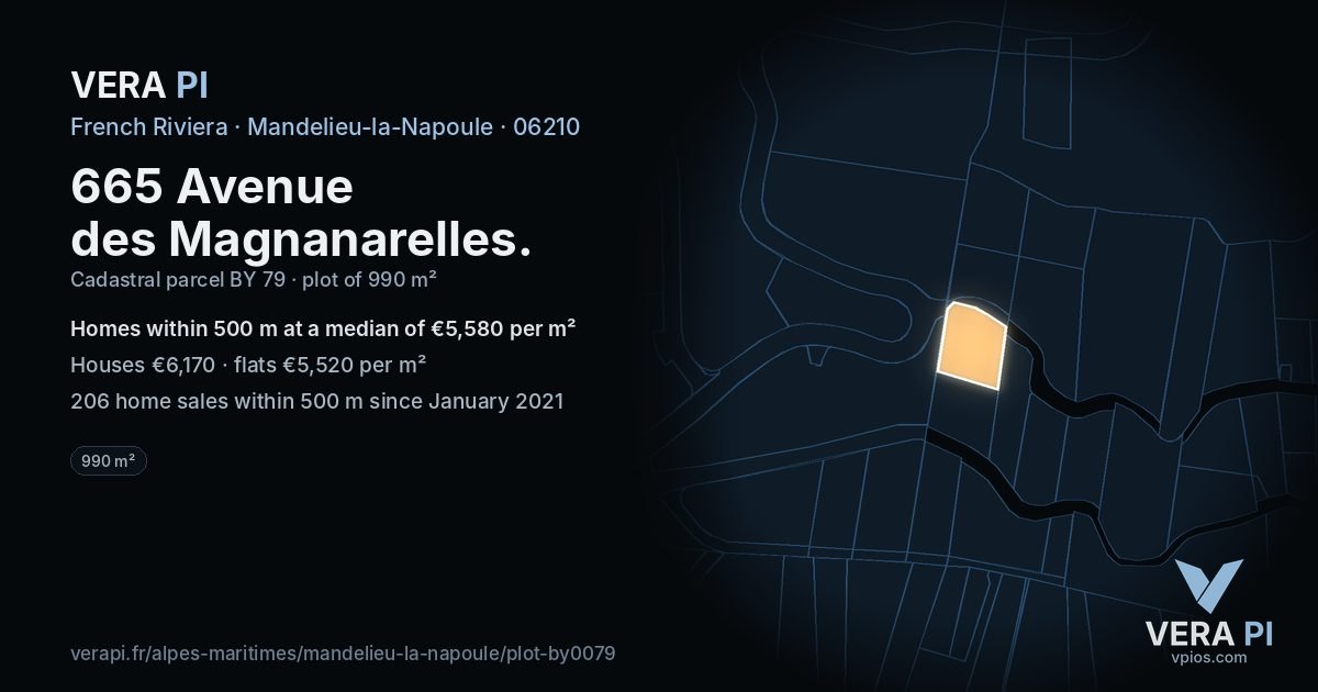 665 Avenue des Magnanarelles, Mandelieu-la-Napoule at night – the plot lit, the parcels around coloured by the prices near them