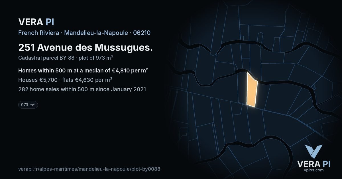 251 Avenue des Mussugues, Mandelieu-la-Napoule at night – the plot lit, the parcels around coloured by the prices near them