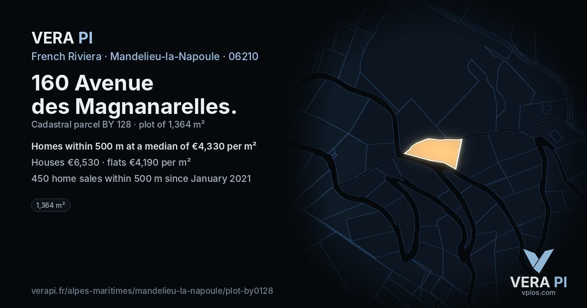 160 Avenue des Magnanarelles, Mandelieu-la-Napoule at night – the plot lit, the parcels around coloured by the prices near them