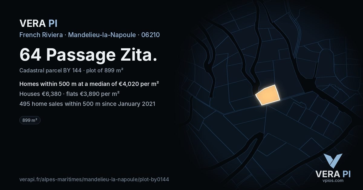 64 Passage Zita, Mandelieu-la-Napoule at night – the plot lit, the parcels around coloured by the prices near them