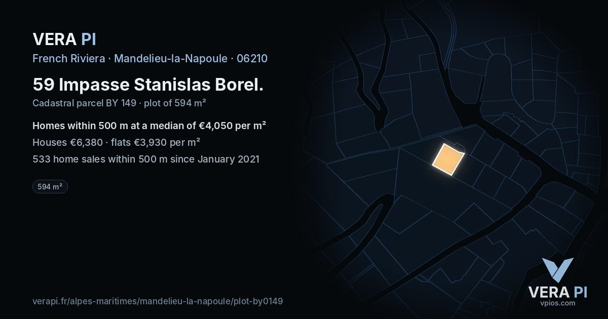 59 Impasse Stanislas Borel, Mandelieu-la-Napoule at night – the plot lit, the parcels around coloured by the prices near them