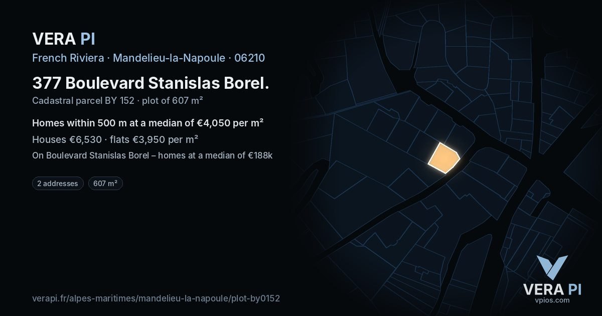 377 Boulevard Stanislas Borel, Mandelieu-la-Napoule at night – the plot lit, the parcels around coloured by the prices near them