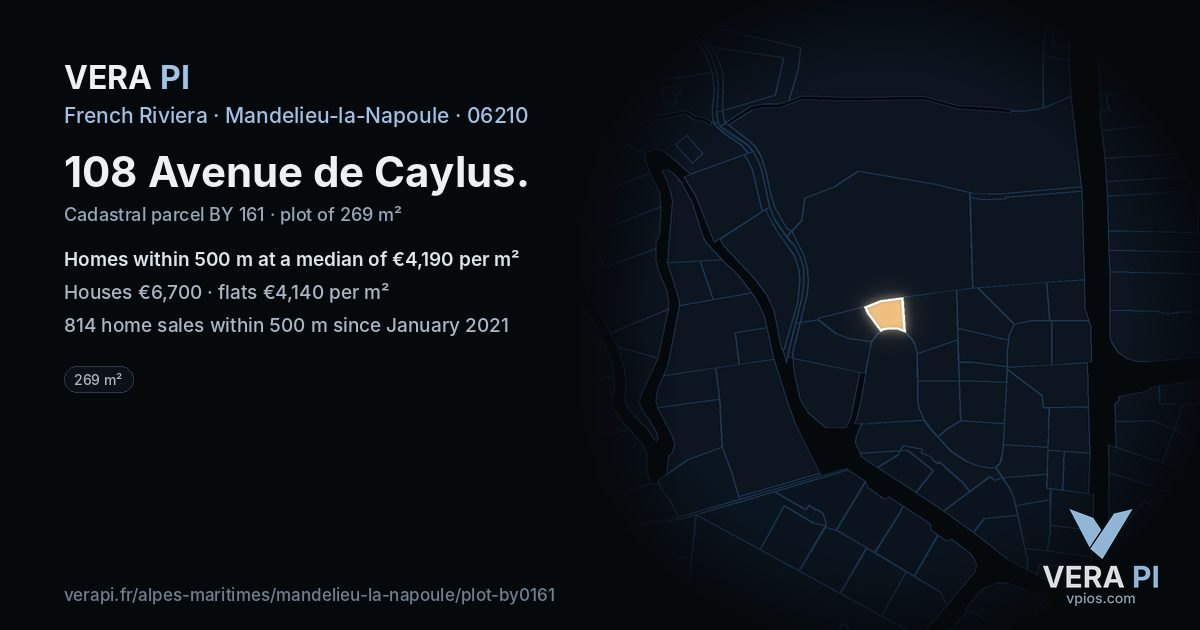 108 Avenue de Caylus, Mandelieu-la-Napoule at night – the plot lit, the parcels around coloured by the prices near them