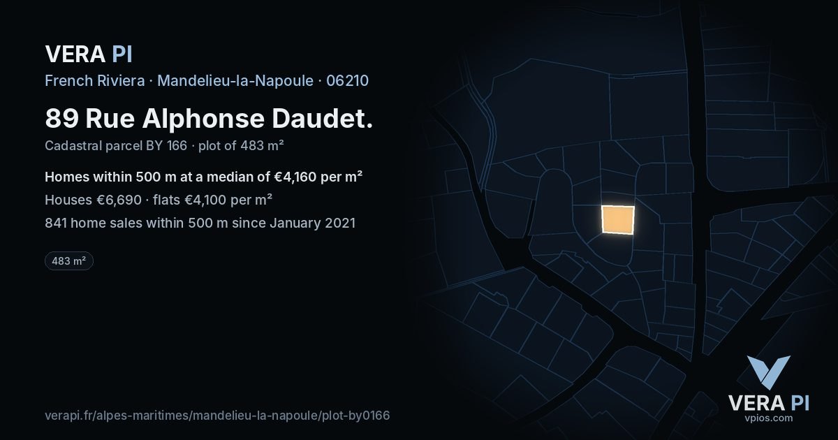 89 Rue Alphonse Daudet, Mandelieu-la-Napoule at night – the plot lit, the parcels around coloured by the prices near them