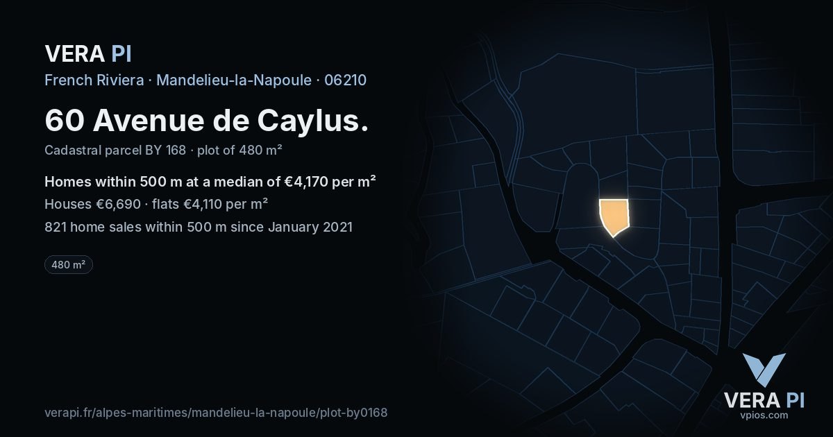 60 Avenue de Caylus, Mandelieu-la-Napoule at night – the plot lit, the parcels around coloured by the prices near them