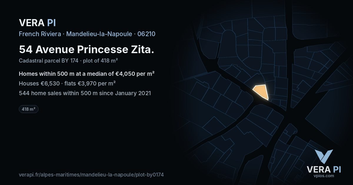 54 Avenue Princesse Zita, Mandelieu-la-Napoule at night – the plot lit, the parcels around coloured by the prices near them