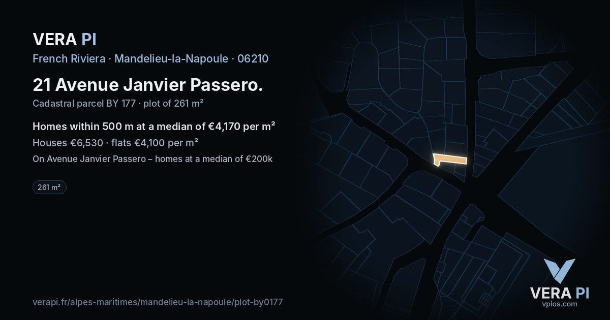 21 Avenue Janvier Passero, Mandelieu-la-Napoule at night – the plot lit, the parcels around coloured by the prices near them