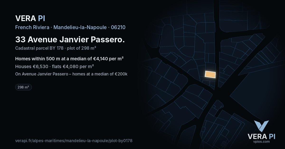 33 Avenue Janvier Passero, Mandelieu-la-Napoule at night – the plot lit, the parcels around coloured by the prices near them