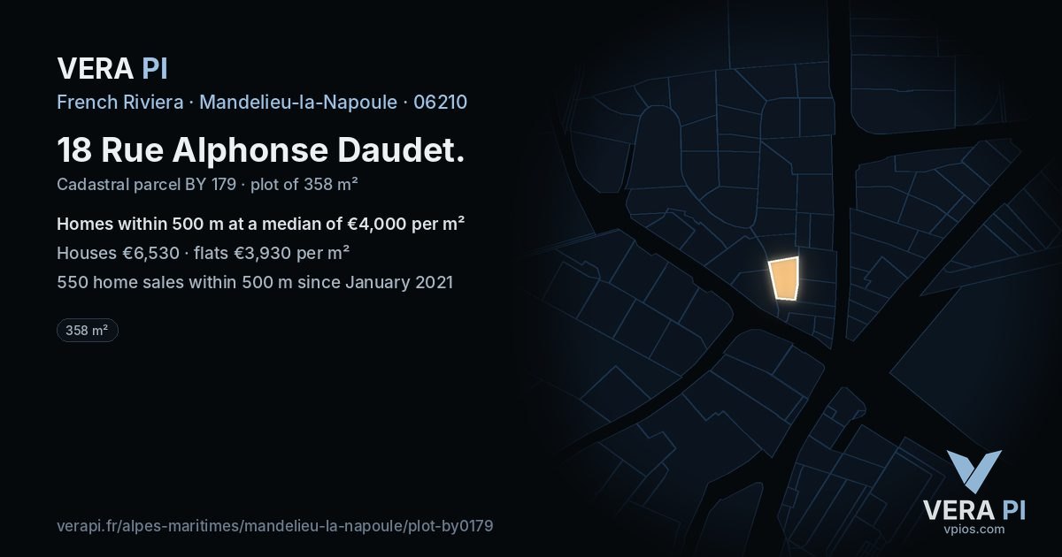 18 Rue Alphonse Daudet, Mandelieu-la-Napoule at night – the plot lit, the parcels around coloured by the prices near them