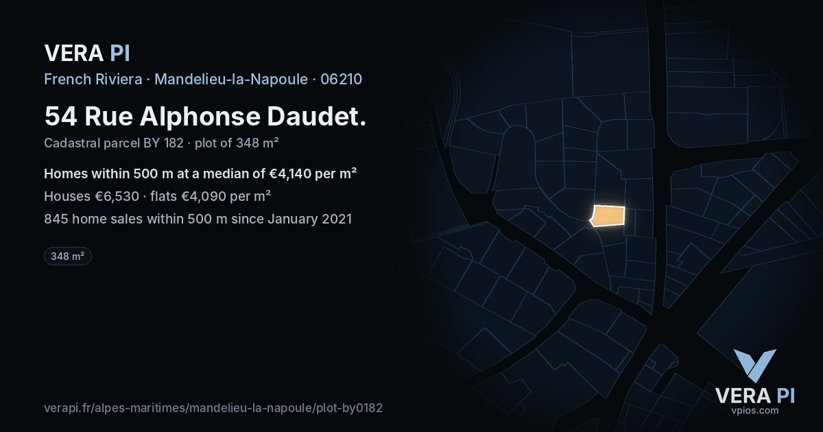 54 Rue Alphonse Daudet, Mandelieu-la-Napoule at night – the plot lit, the parcels around coloured by the prices near them