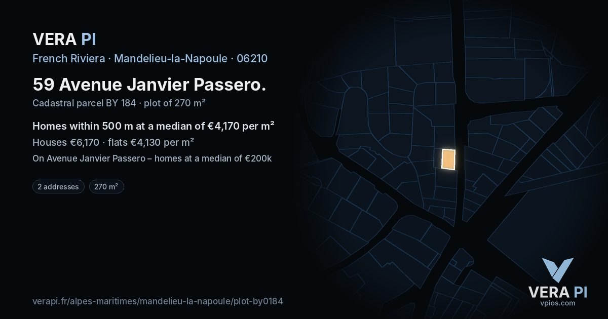 59 Avenue Janvier Passero, Mandelieu-la-Napoule at night – the plot lit, the parcels around coloured by the prices near them